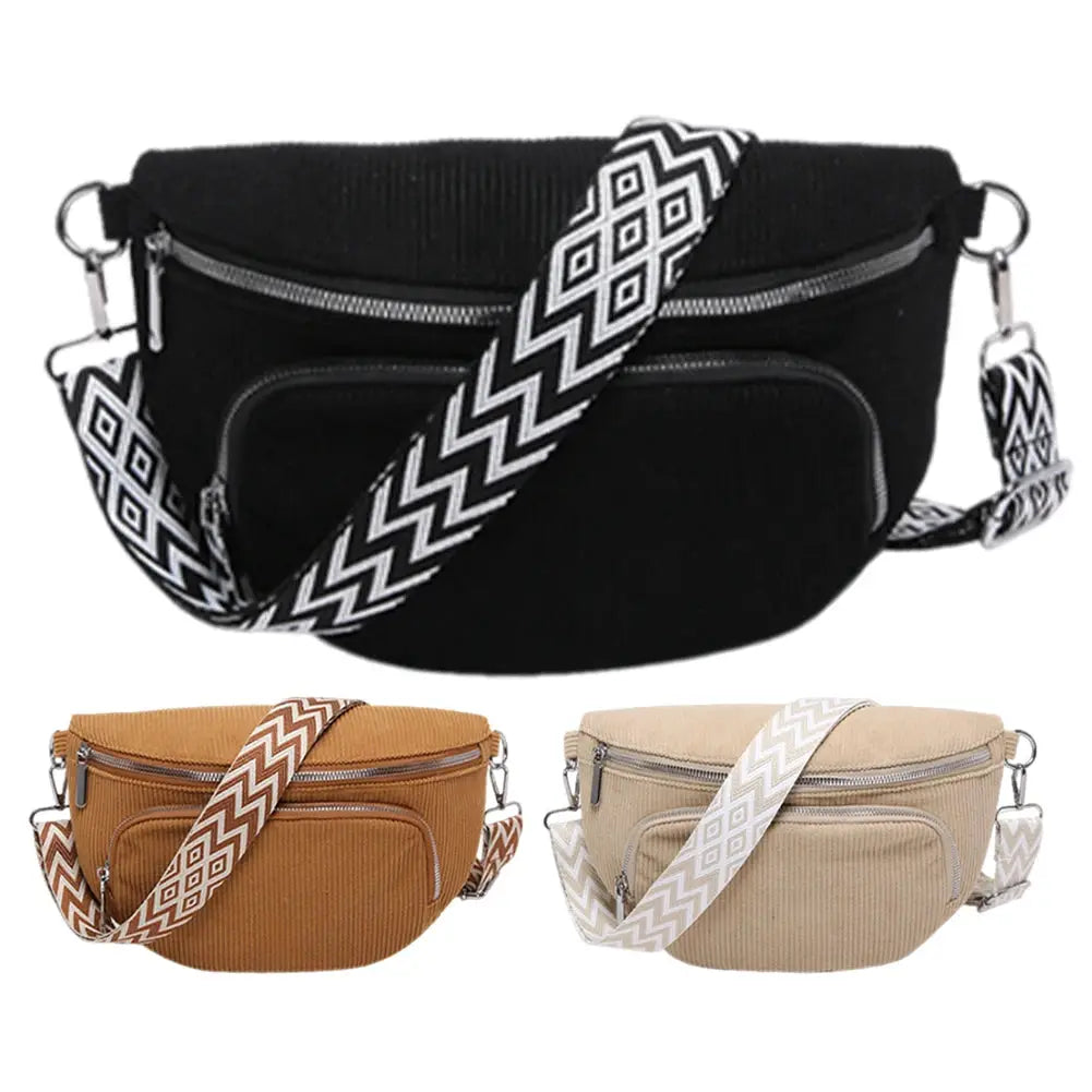 Corduroy chest bag fanny pack with wide guitar strap; multi-pocket waist bag, set of three colors (black, orange, beige)
