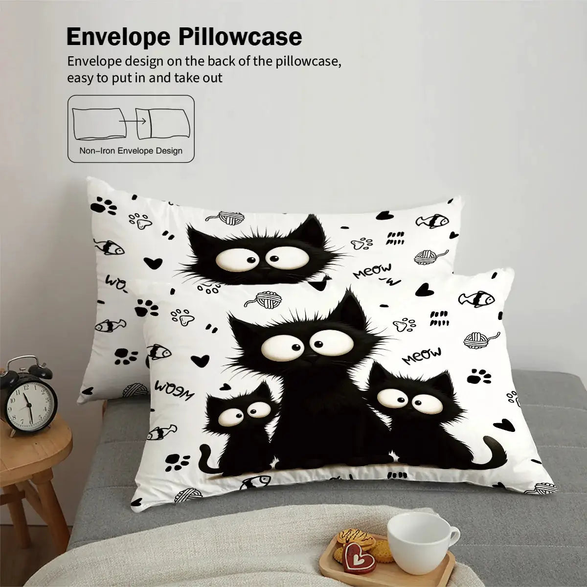 3pc Simples Market bedding set with black cat print duvet cover and 2 pillowcases on white background