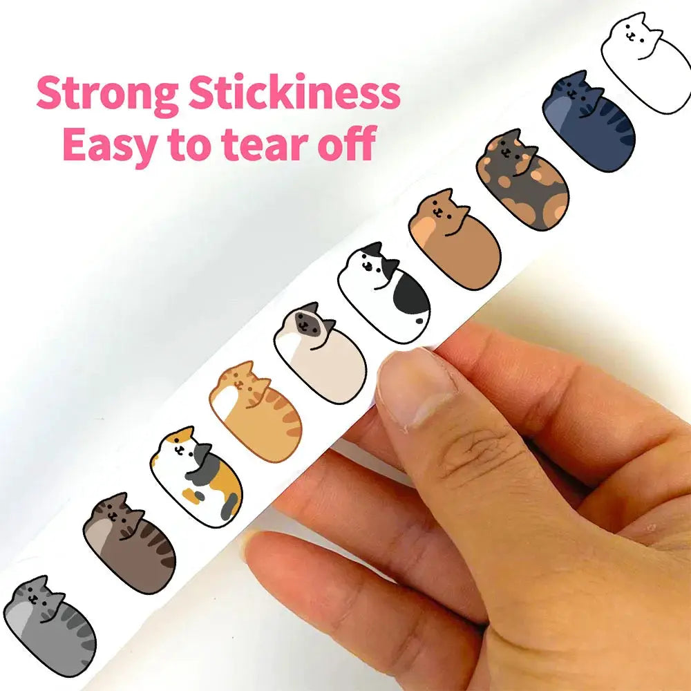 500pcs kawaii cat roll stickers by Simples Market; assorted colored cats on a white strip for laptop, skateboard