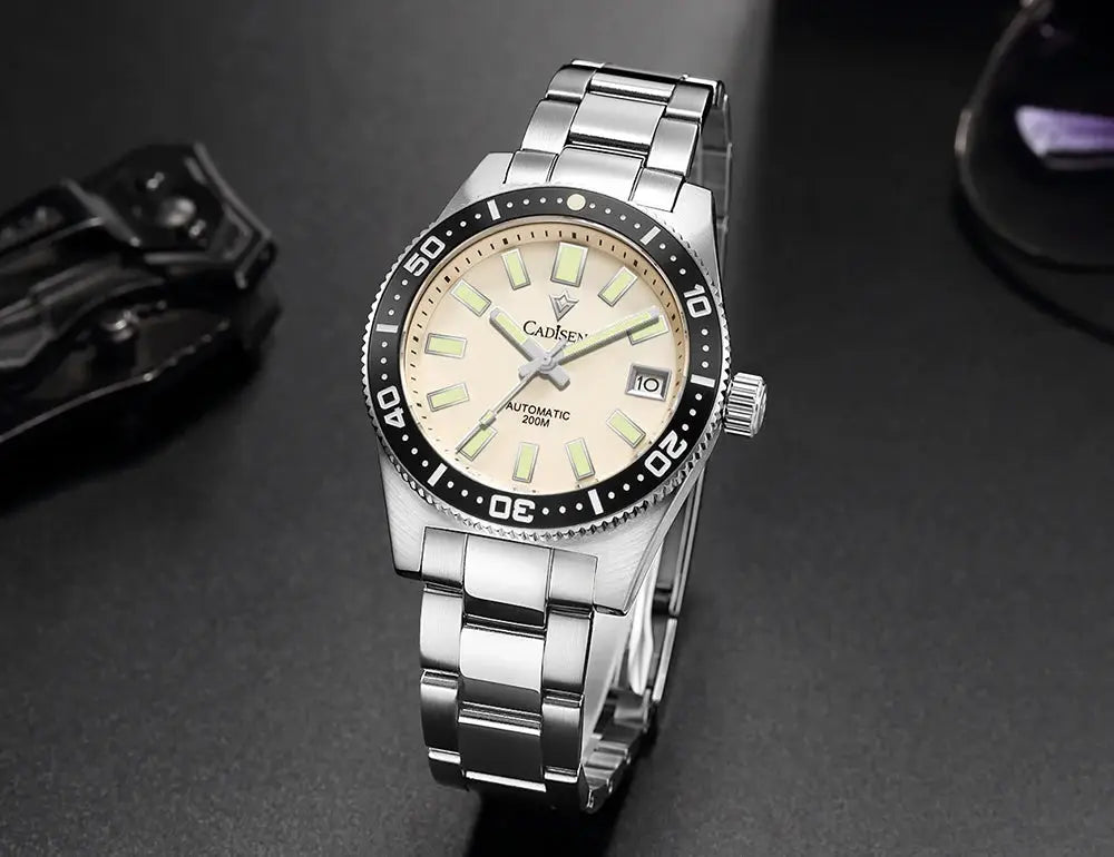 CADISEN diver watch for men, 38mm, sapphire glass, stainless steel bracelet, 100M water resistant
