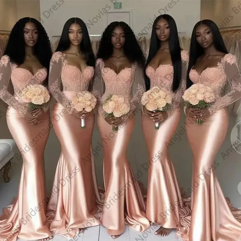 Customized Peach Mermaid Long Sleeve African Bridesmaid Dress