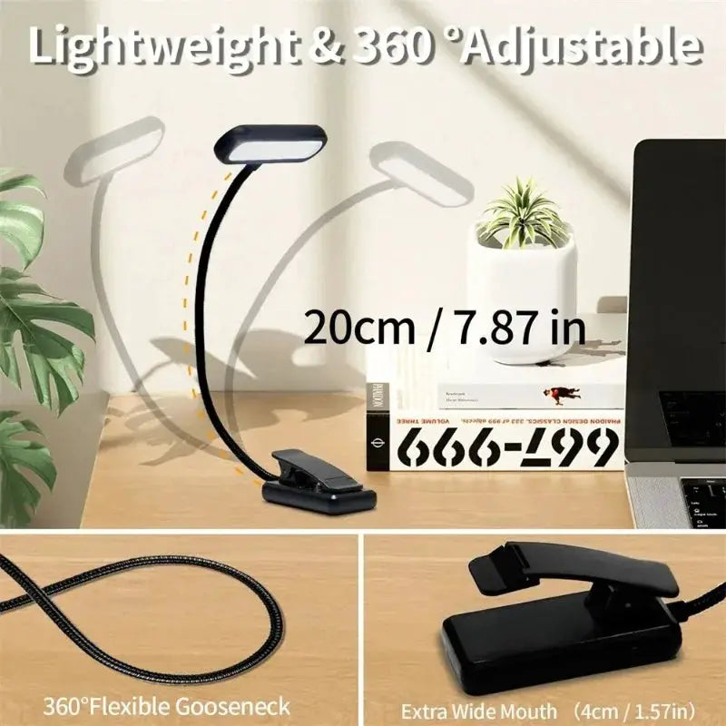 Simples Market LED book light clip-on lamp, black, USB rechargeable, dimmable with 360° flexible gooseneck.