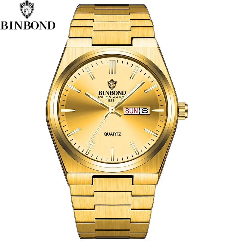 BINBOND gold-tone men's quartz watch with stainless steel bracelet, day/date display, waterproof, luminous markers.