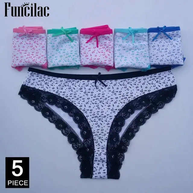 Women's cotton panties by Funcilac, 5-piece set with assorted floral prints and lace trim