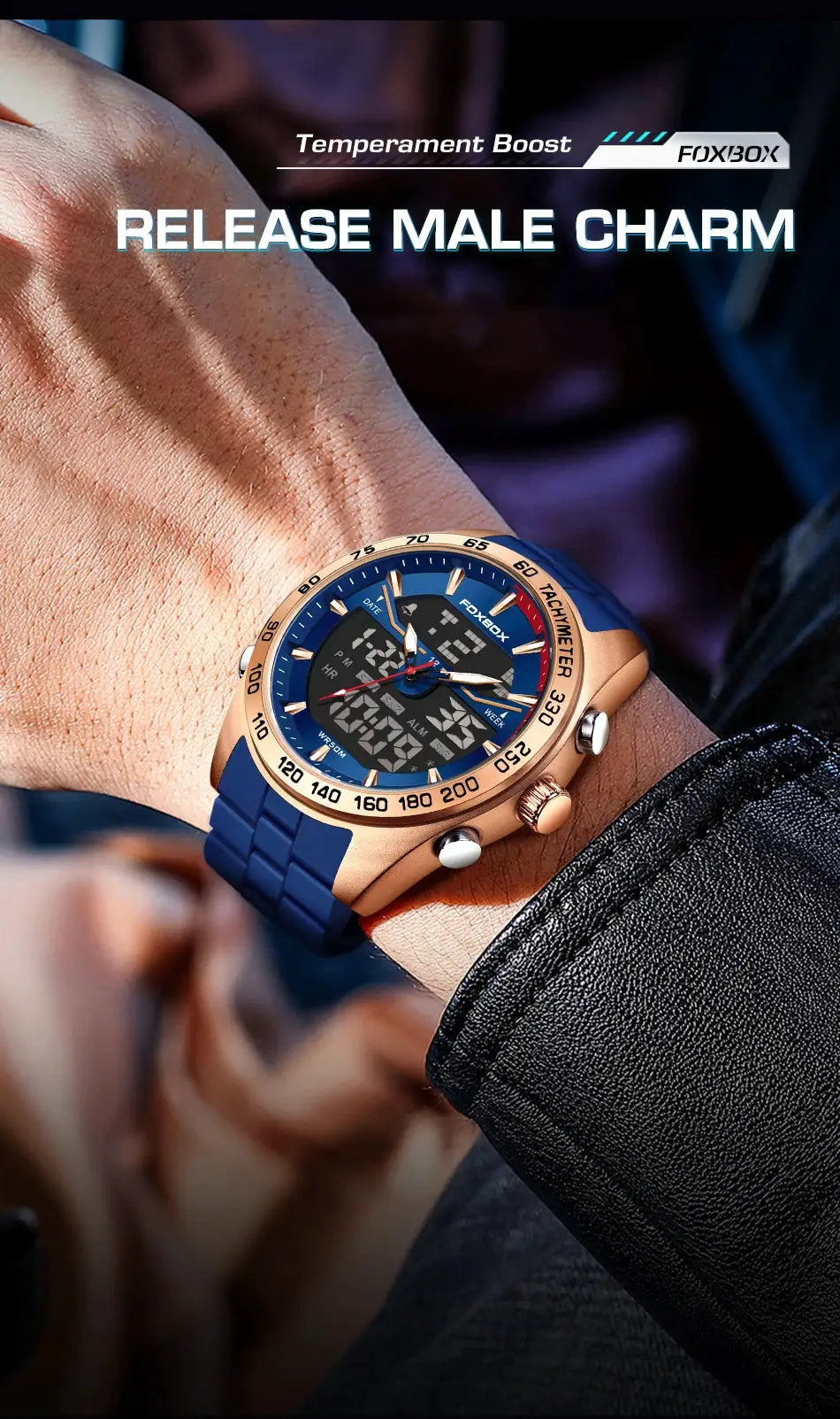 FOXBOX men's luxury digital watch with blue silicone strap and rose-gold bezel, 30m waterproof