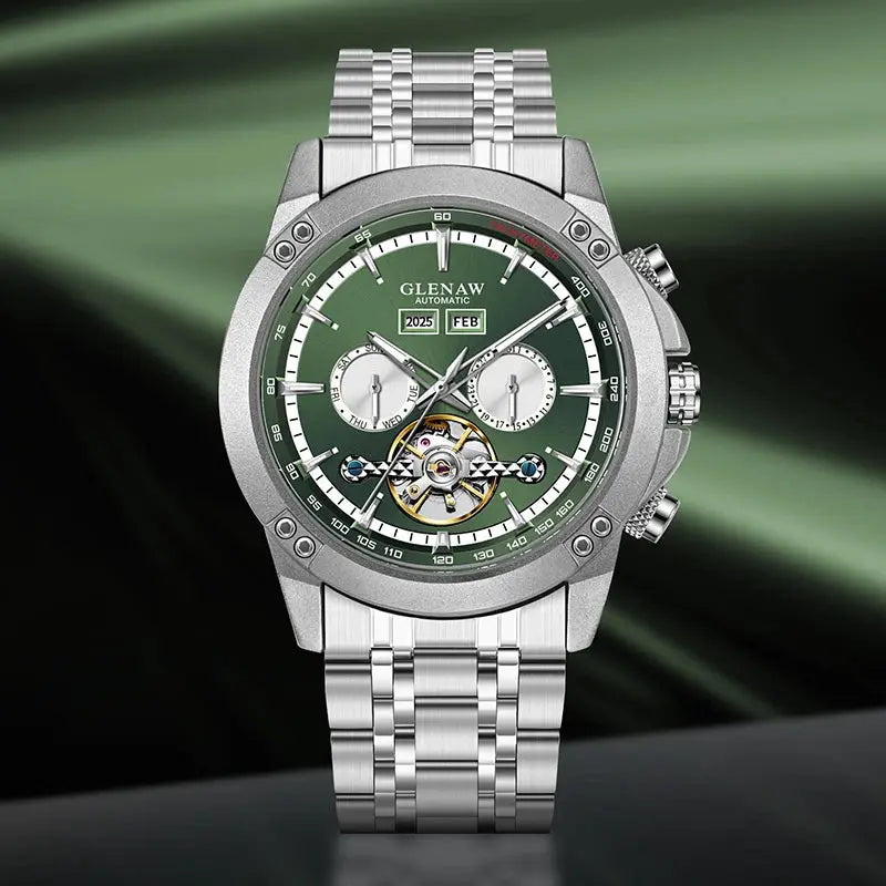 Glenaw stainless steel men's automatic mechanical watch with green dial, skeleton movement, and stainless bracelet.