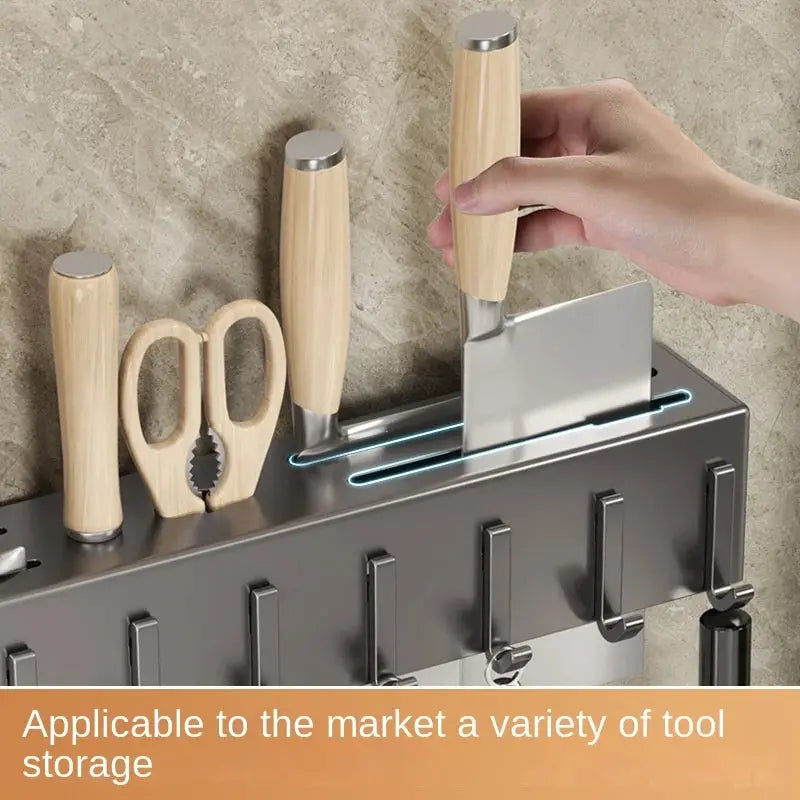 Tool-free kitchen shelf by Simples Market; wall-mounted knife and utensil storage in stainless steel with wooden handles