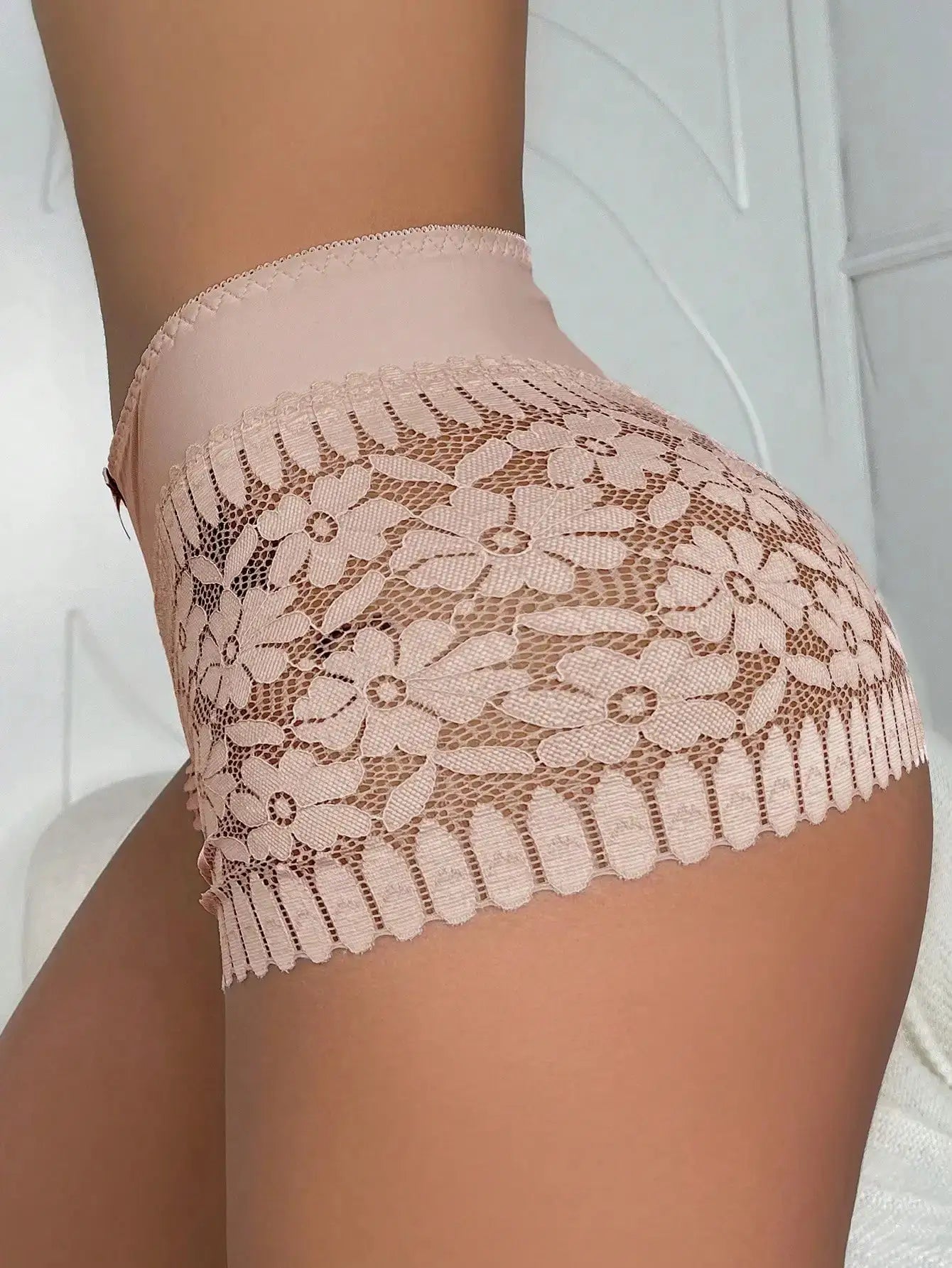 Sexy lace high-waist panties in nude floral lace.