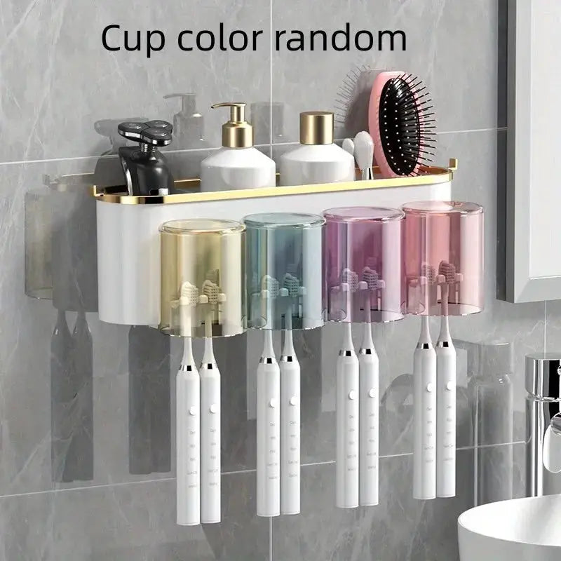 BrightNest Toothbrush Holder With Squeezer And Mouthwash Cup Adhesive Mount Perforation Free Design For Home Organizing