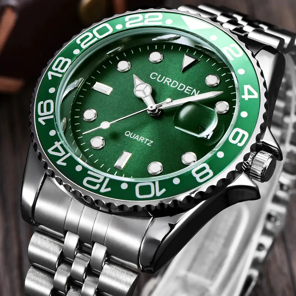 Men Calendar Quartz Watch With Green Dial Stainless Steel Band Full Calendar Function Casual Everyday Timepiece