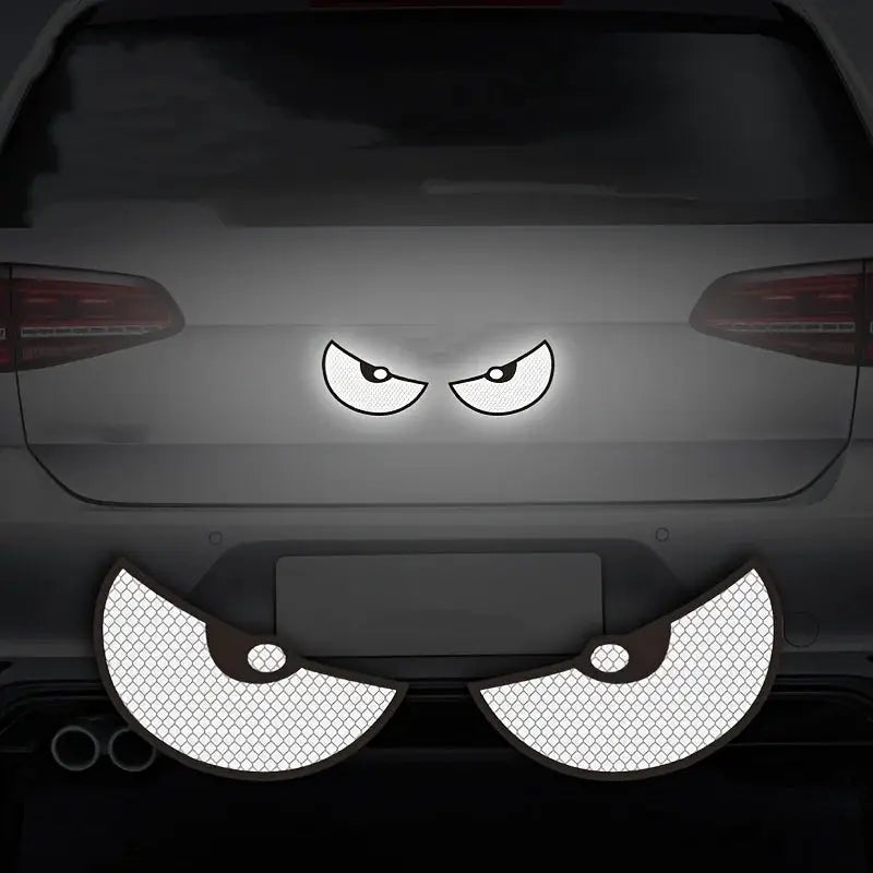 2pc set of reflective devil-eye car stickers; white mesh patches for rear bumper