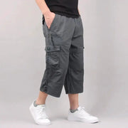 Men's cargo shorts, gray, with multiple pockets and elastic waistband for casual outdoor wear