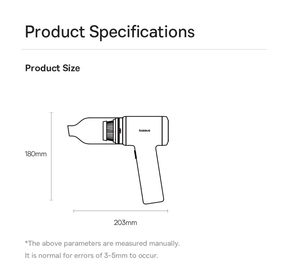 Baseus cordless car vacuum cleaner schematic, handheld blower gun with 180mm height and 203mm width