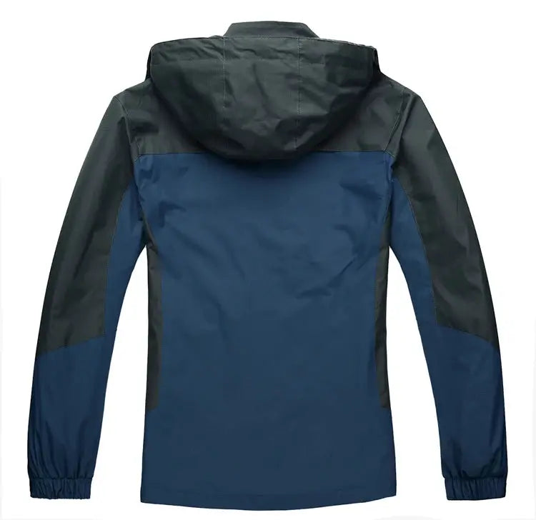 TRVLWEGO men's hiking jacket, navy body with dark green sleeves and hood, waterproof windbreaker