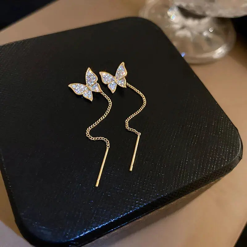 Butterfly Earrings For Women Sparkling Rhinestone Long Tassel Heart Drop Earrings For Wedding Party Jewelry Gifts
