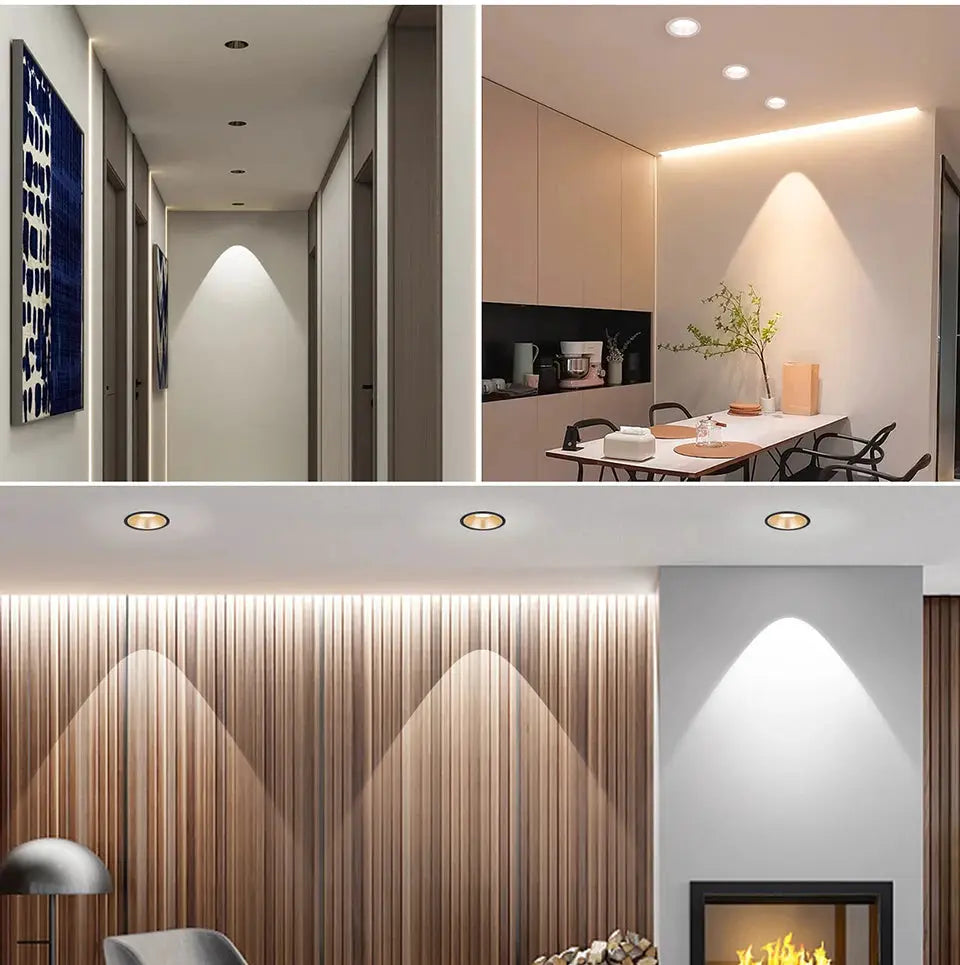 Aluminum LED spot light set from Simples Market; ceiling recessed downlights shown in hallway, kitchen and living room.