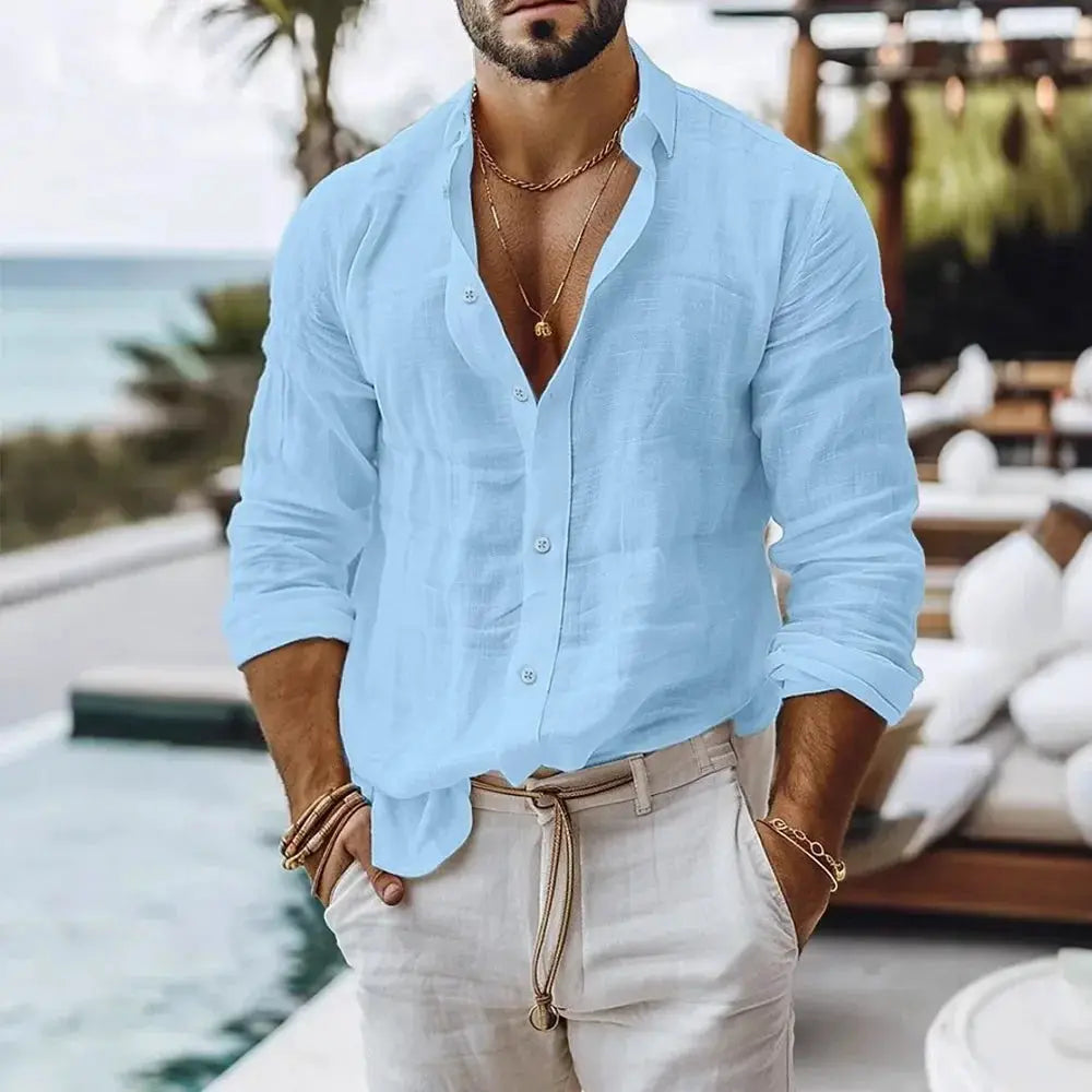 Cotton Linen Shirt for Men Breathable Summer Beach Style Solid Color Single Breasted Lightweight Button Front