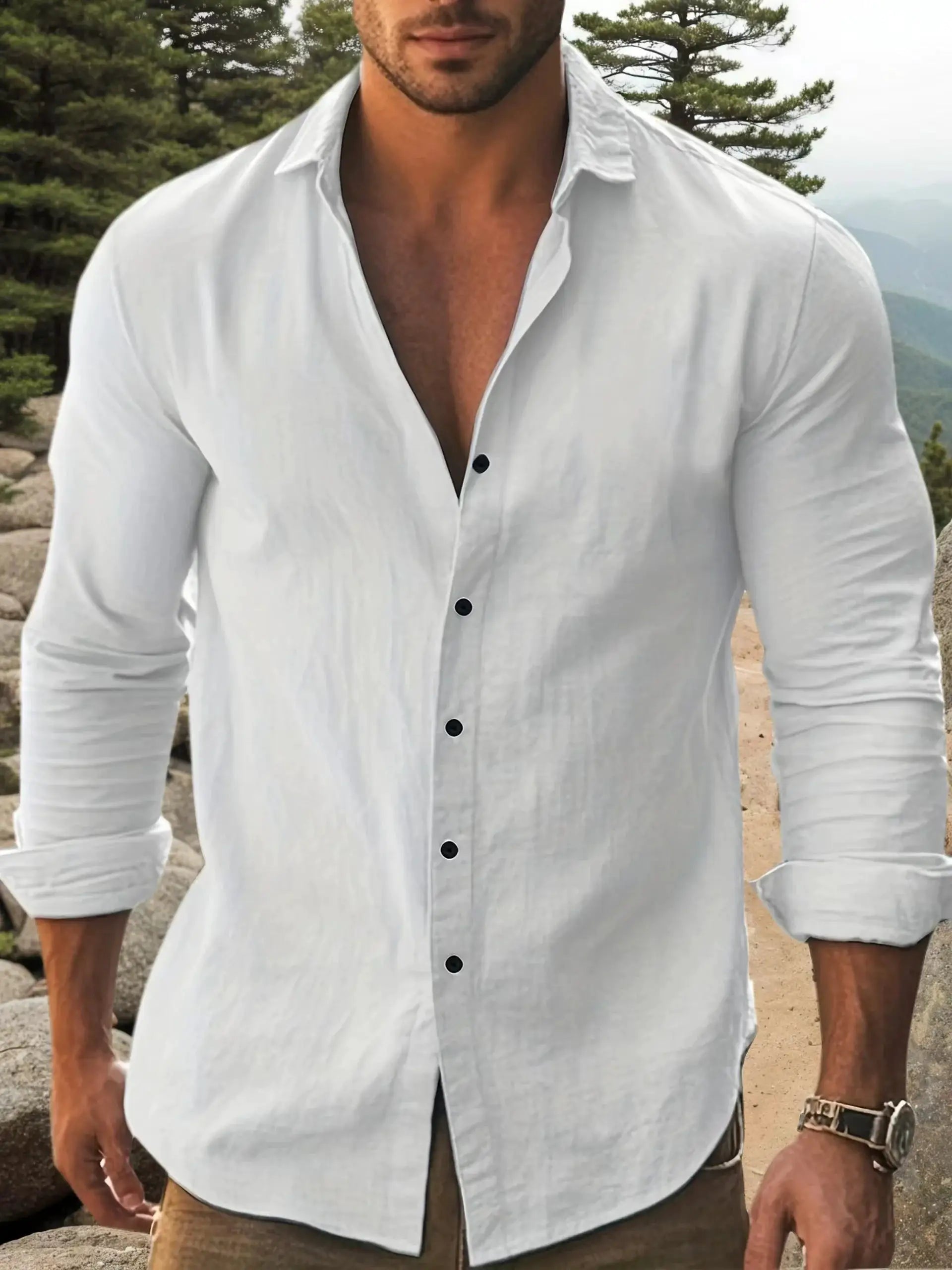 Men's cotton long-sleeve shirt from Simples Market, white with black buttons, classic collar and rollable cuffs