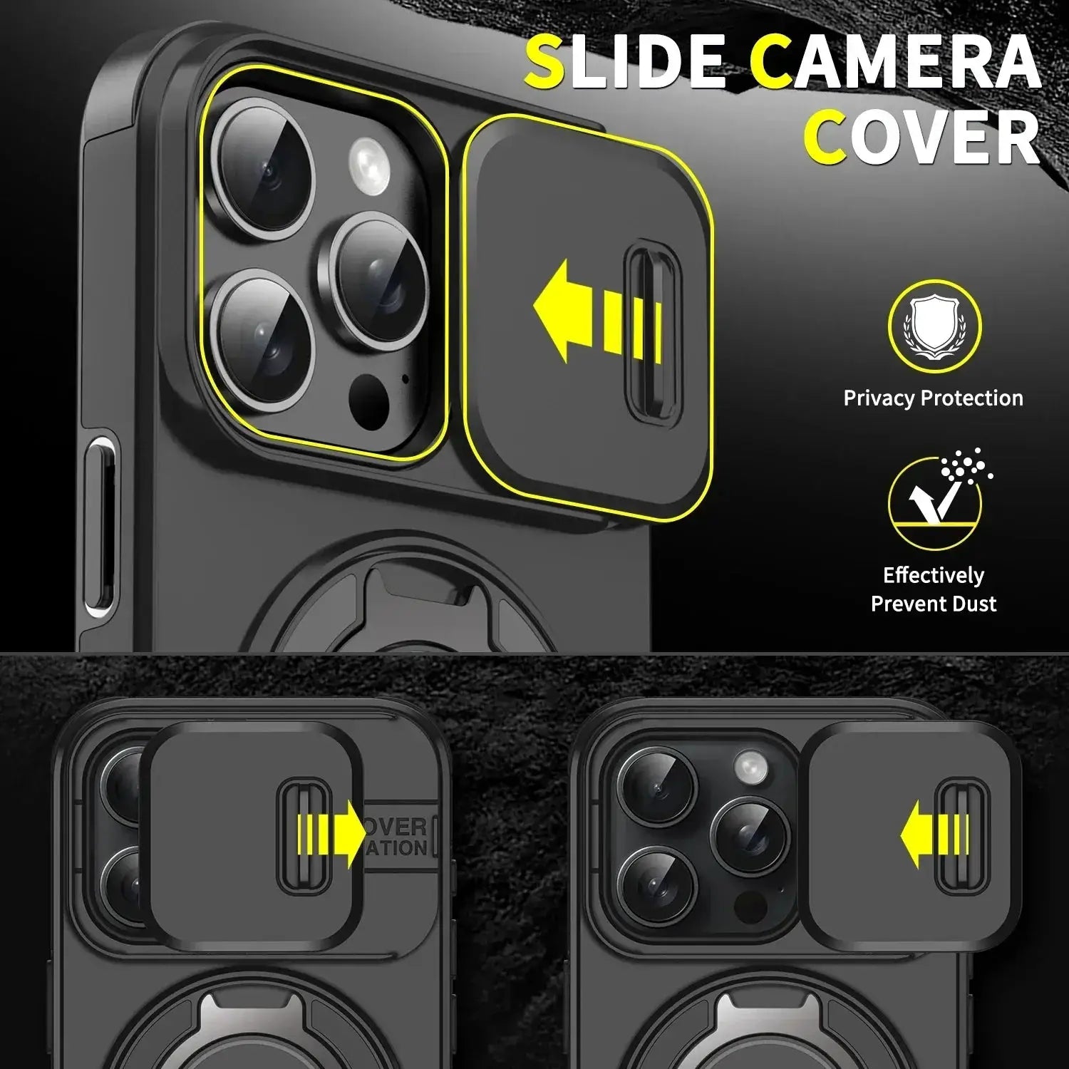 Simples Market rugged magnetic bracket iPhone case with slide camera cover; black with yellow trim