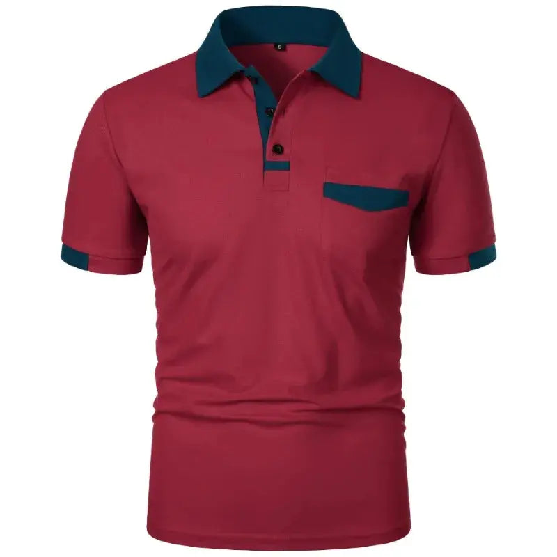 Men's short-sleeve polo shirt in maroon with teal collar and teal pocket trim, left chest pocket
