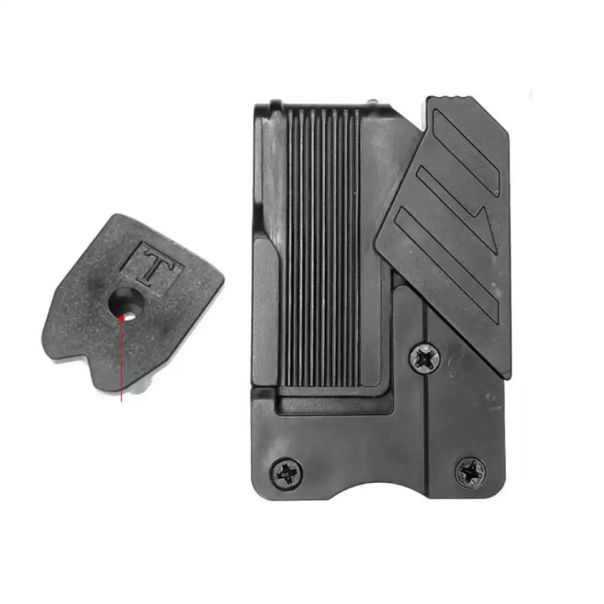 Quick-release belt clip organizer in black plastic for hammer and tape measure by Simples Market