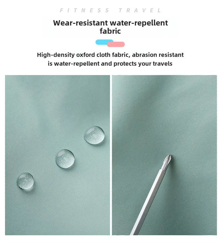 Fitness bag fabric in mint green; wear-resistant, water-repellent Oxford cloth with water droplets and texture close-up.