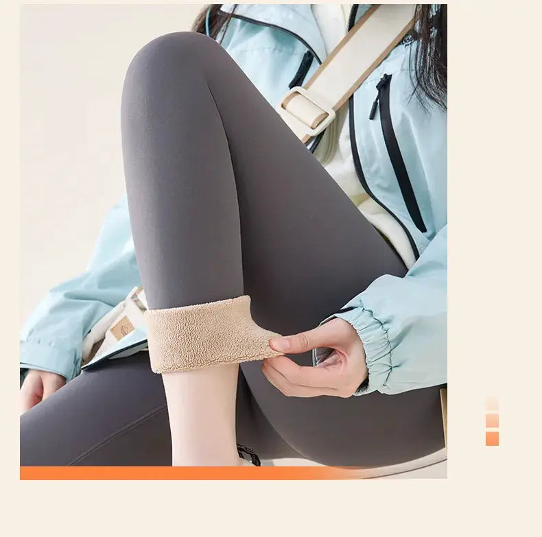 BIVIGAOS High Waist Fleece Sharkskin Leggings for Women, dark gray with beige fleece cuffs, Simples Market