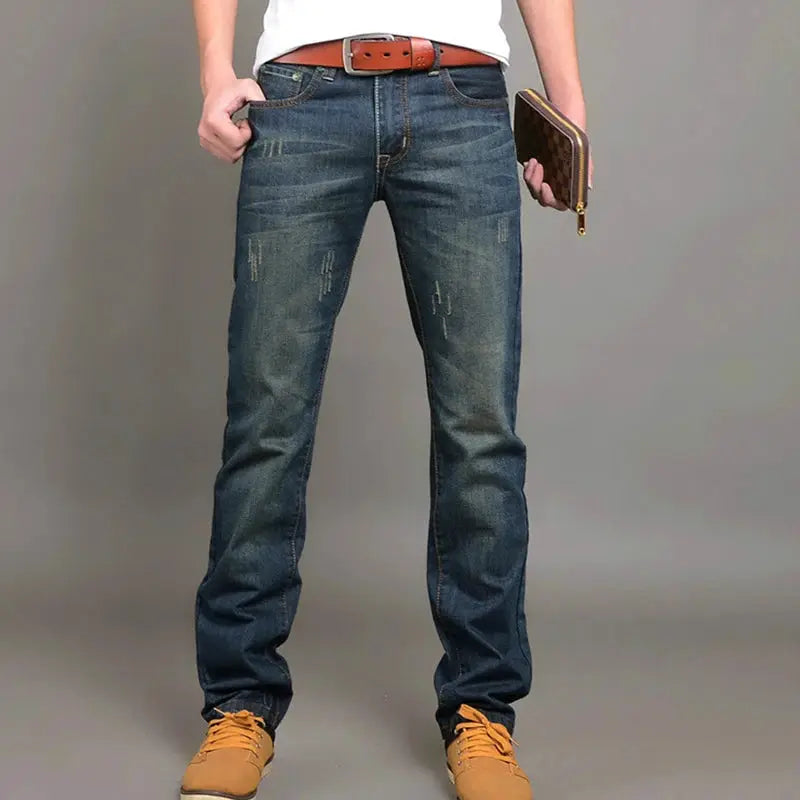 Men's blue denim jeans with stretch, straight-leg fit