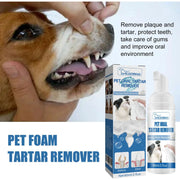 Pet oral tartar remover foaming cleanser for dogs and cats; Simples Market packaging shows a white bottle and blue box.