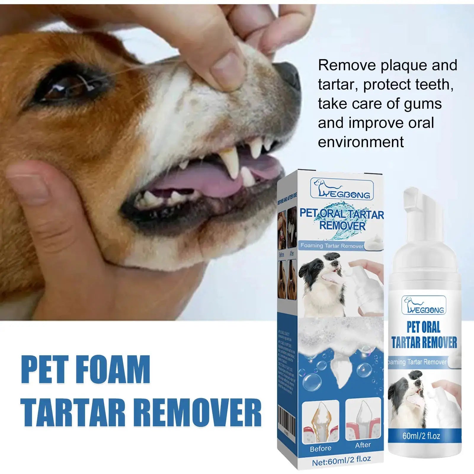 Pet oral tartar remover foaming cleanser for dogs and cats; Simples Market packaging shows a white bottle and blue box.