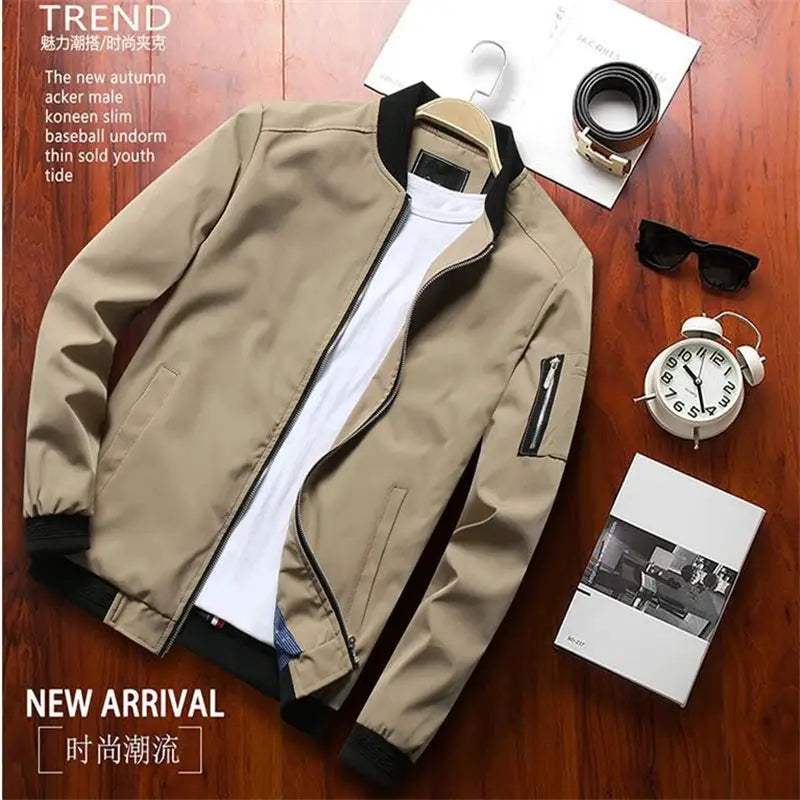 Men's beige bomber windbreaker jacket by Simples Market with zip front and black ribbed cuffs.