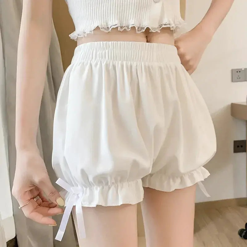 Women imitation silk bloomers shorts in white with ruffle hem and side bow, Simples Market