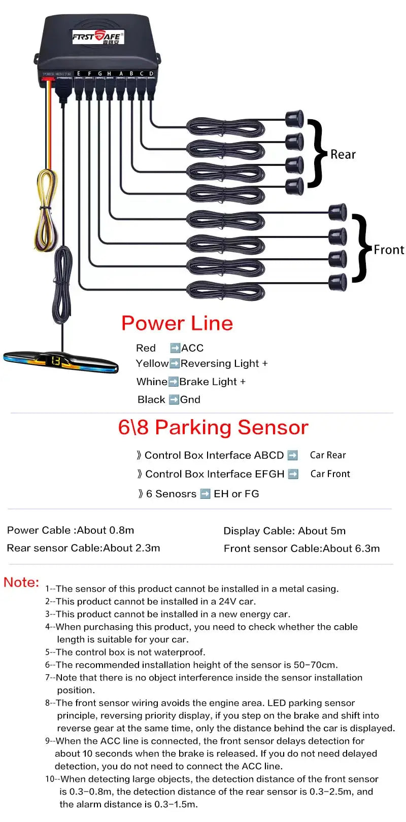 FirstSafe parking sensor kit with 6/8 sensors for front and rear, black control box, wiring and rearview display monitor