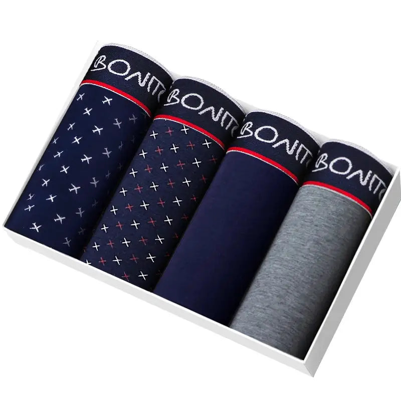 4-pack cotton boxer shorts set for men with Bonuit waistband; navy, patterned navy, and gray