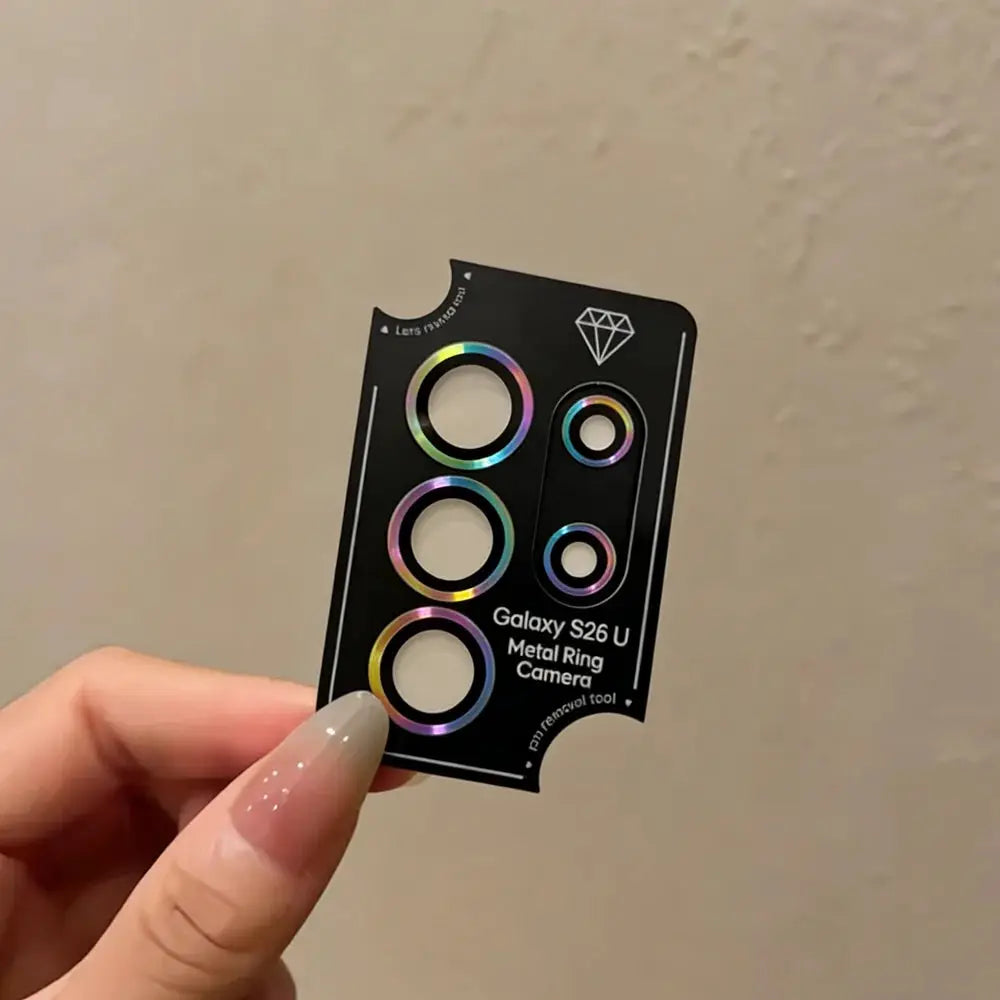 Camera lens ring set for Samsung Galaxy S26 Ultra; rainbow metal rings displayed on a black card