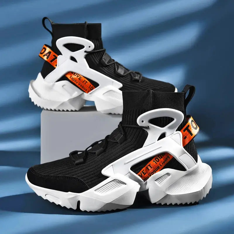 Simples Market men's high-top sneakers pair, black knit upper, white chunky sole, orange strap accents