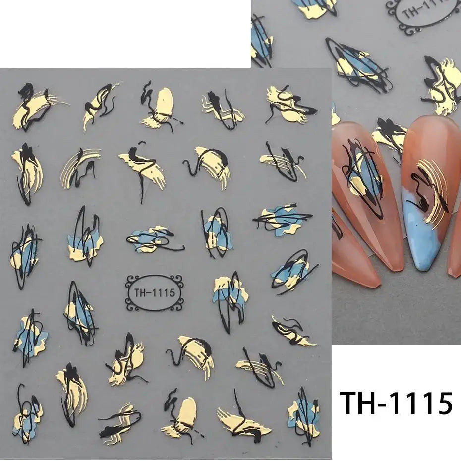 Nail decals sheet by Simples Market, colorful bronzing striped geometric designs in blue, beige, gold; shown on gradient nails.