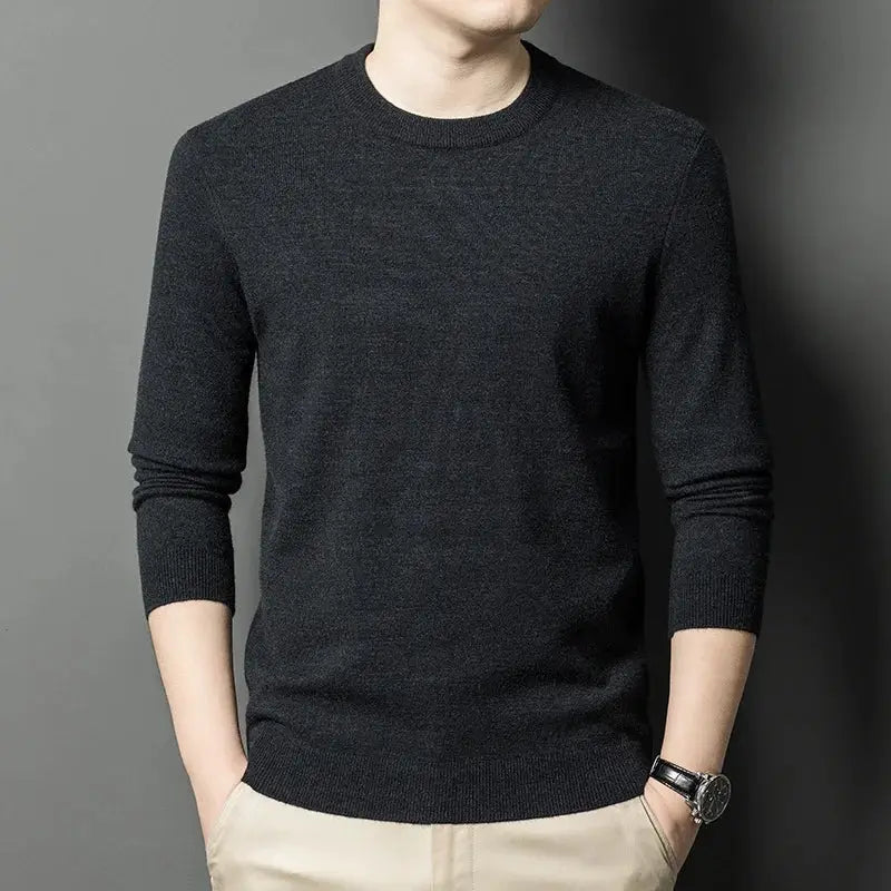 Men's dark charcoal knitted sweater with round neck and long sleeves