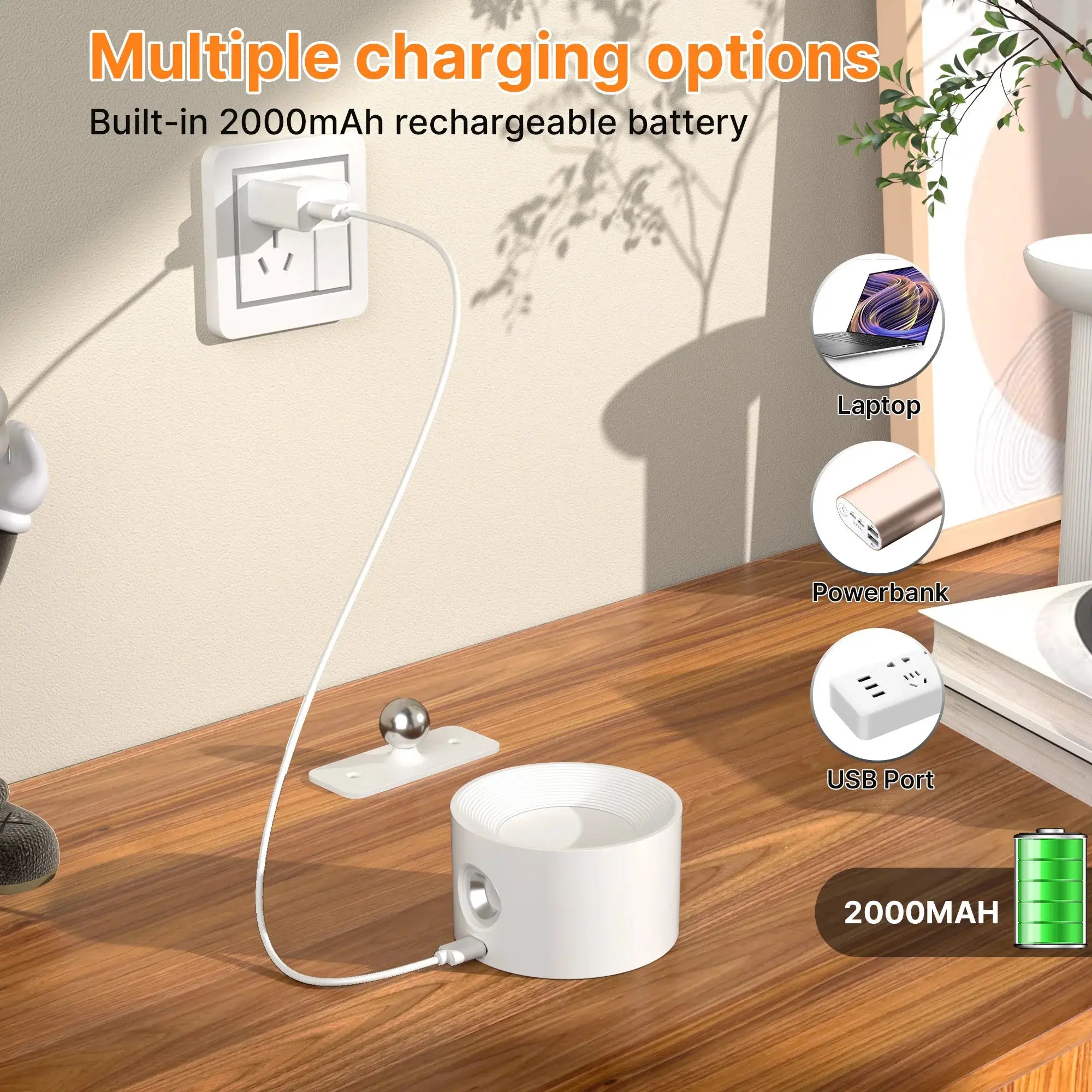 LED indoor wall lamp with 2000mAh rechargeable battery, 360° rotation, adjustable Nordic bedroom light.