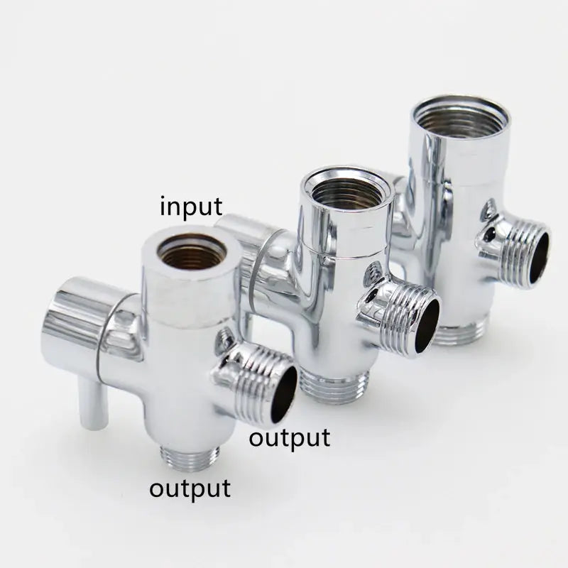 Simples Market chrome bidet T-adapter with shut-off valve, 3-way fittings for handheld spray (set of three).