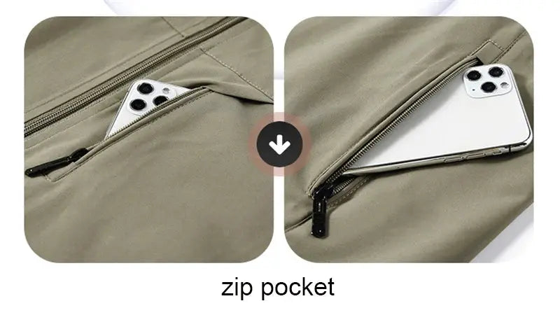 Men's windproof sleeveless vest in khaki with zip pocket and smartphone tucked inside.