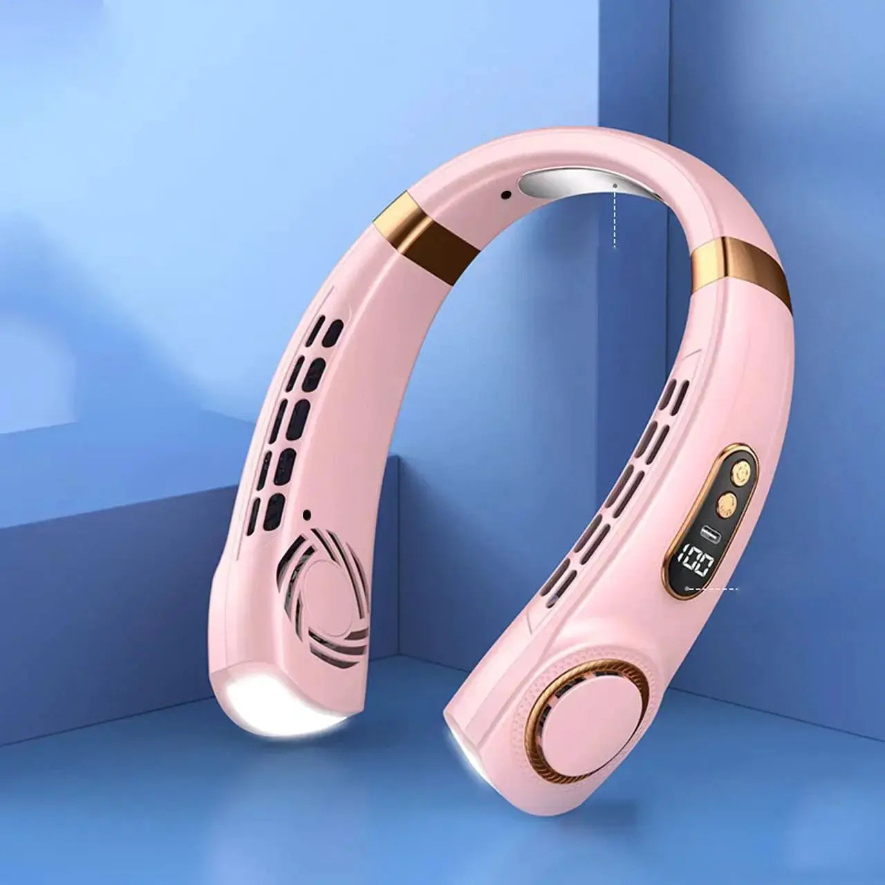 JKUOO portable neck fan, pink bladeless personal fan with LED display, USB rechargeable 4000mAh battery, Simples Market