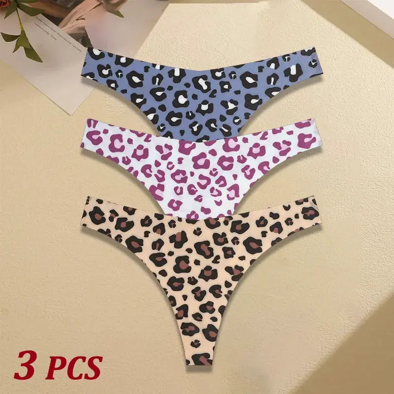 3-piece leopard-print seamless thong set for women in blue, lavender and beige; ultra-thin stretch underwear, S-XL