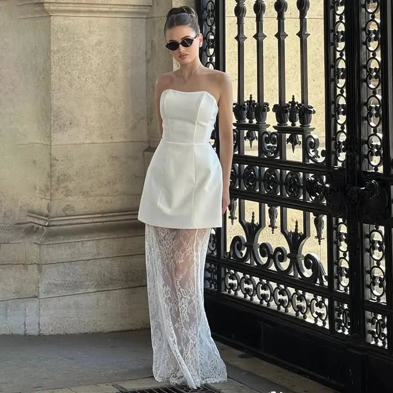 Strapless Lace Dress Set Two Piece Banquet Outfit Backless Elegant High Waist Long Splice Skirt