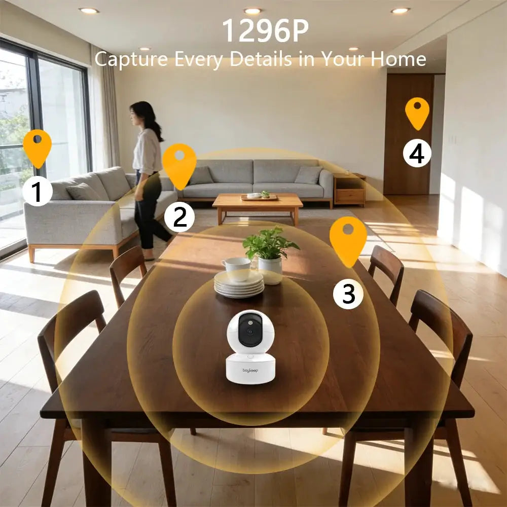 BoyKeep 3MP white indoor WiFi security IP baby monitor camera on a wooden dining table.