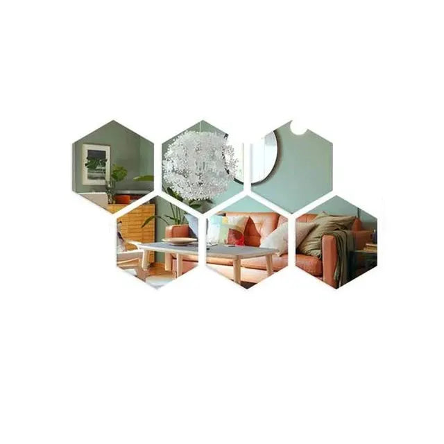 Hexagon 3D mirror wall sticker set, Simples Market 6/12pcs, self-adhesive silver decor, 126mm tiles