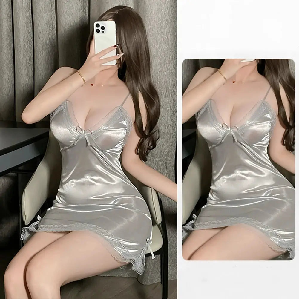 LunaLuxe Satin Nightdress Backless Design Suspender Lingerie Lace Slit Bow Short Nightwear For Intimate Sleepwear