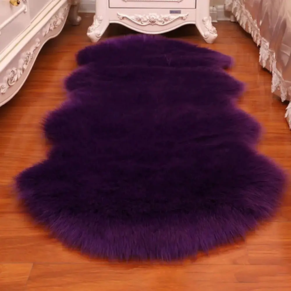 Simples Market purple long-pile faux sheepskin rug with fluffy shag on wooden floor