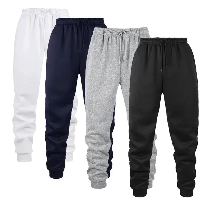 Men's fleece jogger pants in white, navy, grey, and black (4 pairs)