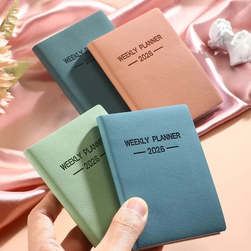 Set of 4 A7 Morandi PU cover weekly planners 2026, each with 64 sheets (128 pages), in blue, teal, peach and mint green